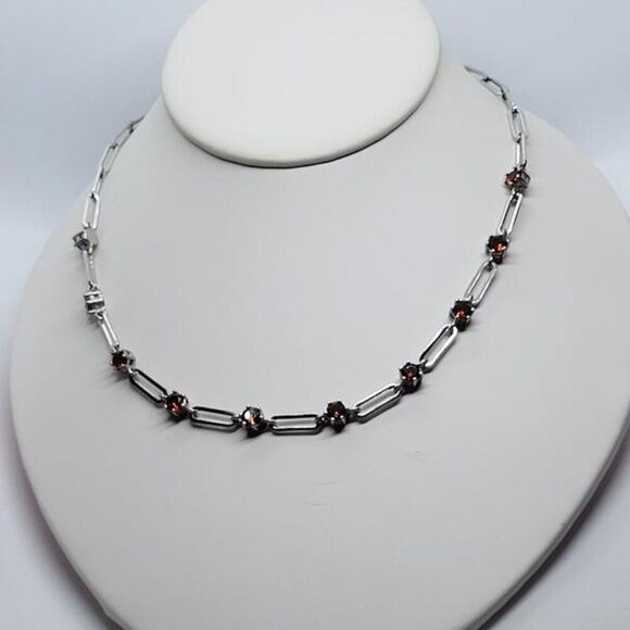 New, Stamped, Simulated Garnet Red Diamond, Paper Clip, Chain Station Neclace - Picture 1 of 8